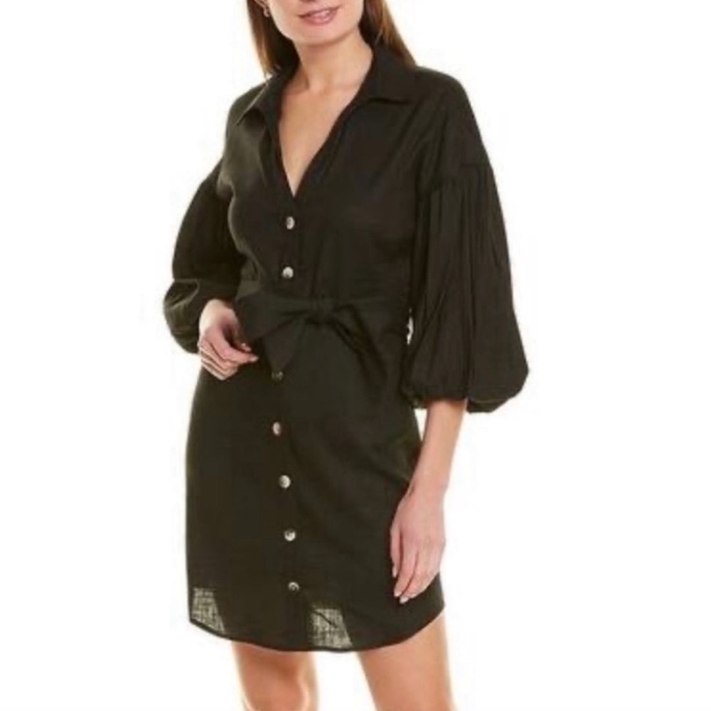 VERONICA BEARD | Black Samy Linen Button Front Bubble Sleeve Mini Dress 2